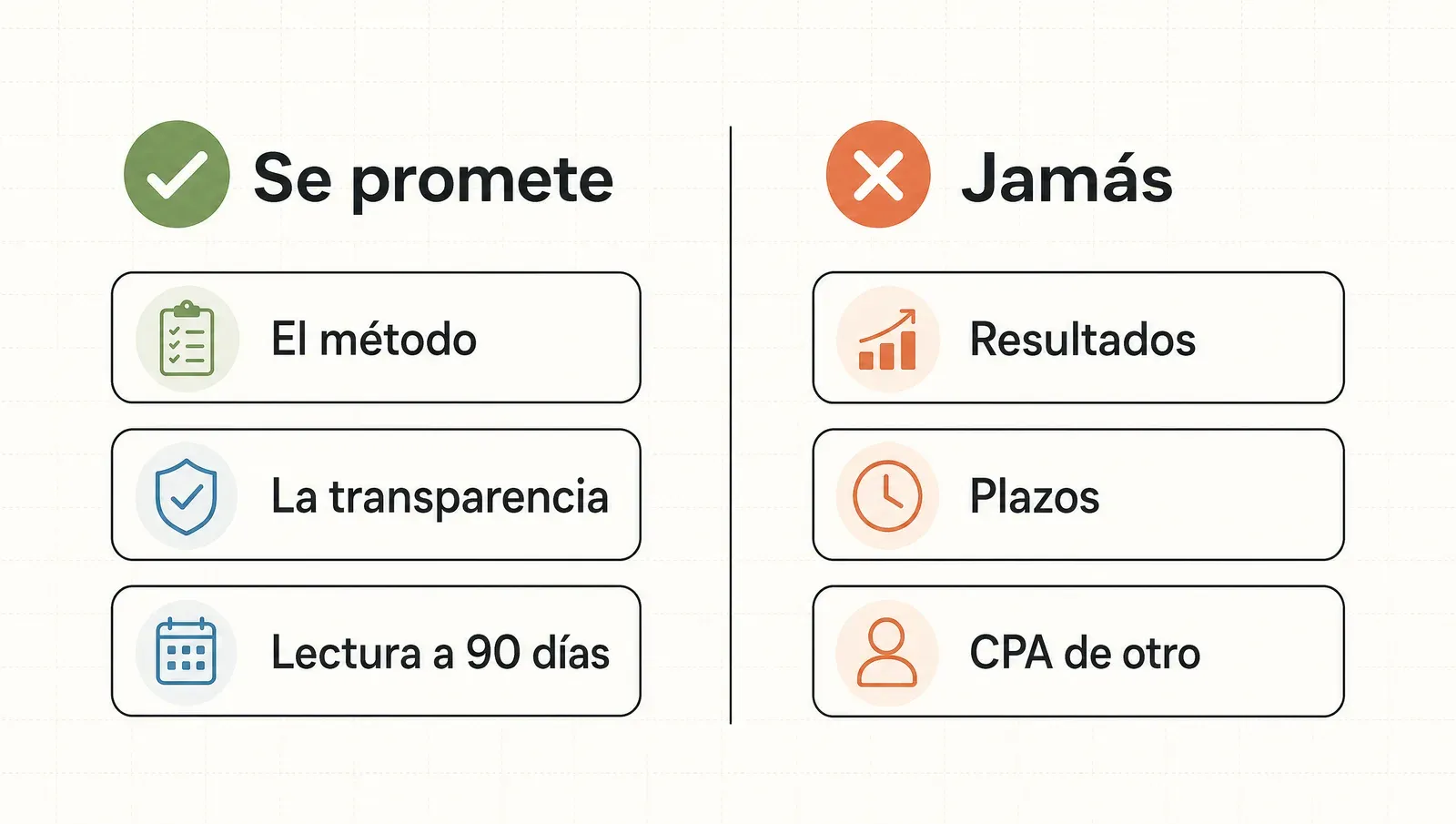 Lo que se promete a un cliente de ads —el método, la transparencia, la lectura a 90 días— frente a lo que jamás: resultados, plazos y CPAs de otra cuenta
