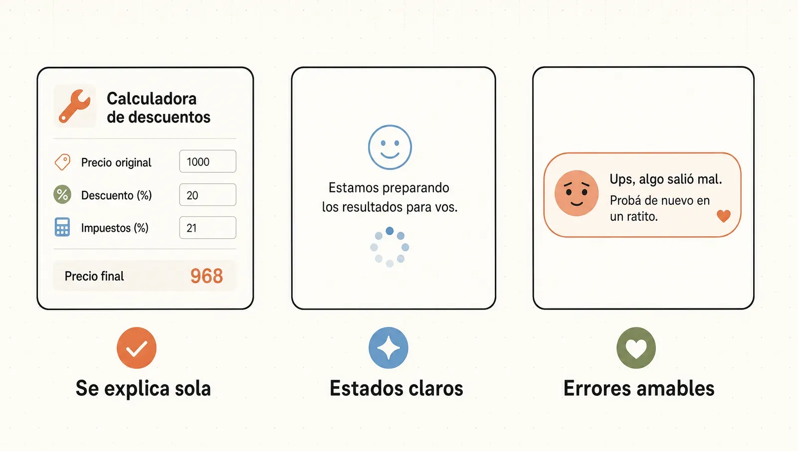 Los tres empaques de una herramienta entregable: se explica sola, estados claros y errores amables