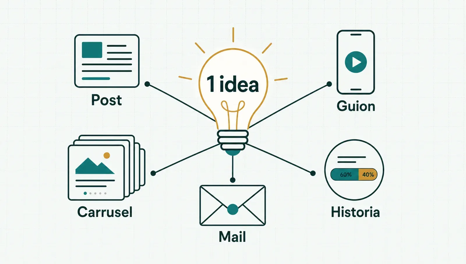El motor de repurposing: una idea semanal se convierte en cinco piezas